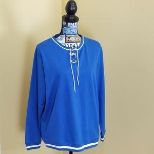 Erika Sport Pullover Top Lace Up V-Neck Blue Stretch Long Sleeve Size Medium